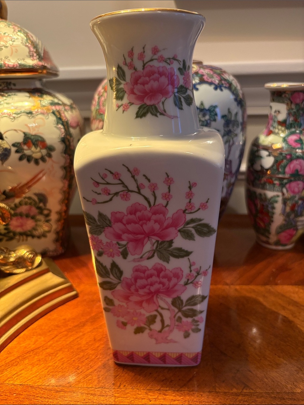 Vintage Chinoiserie Pink Floral Porcelain Accent Vase - Home Accents